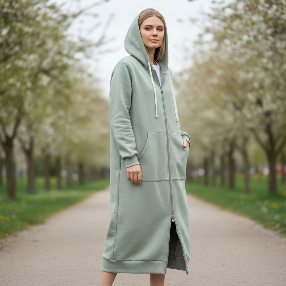 Shein Sage Green Full Zip Longline Hoodie Dress Fleece Lined Large US 8/10
